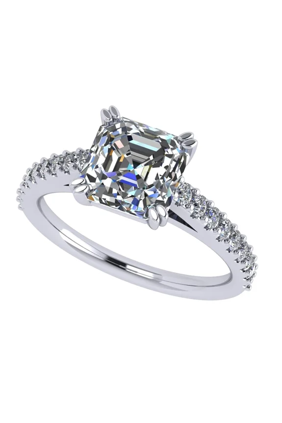 2.00ct Asscher Cut Cathedral Solitaire Engagement Ring, Pure Brilliance Zirconia-Silver-Rhodium Plated-Size 5