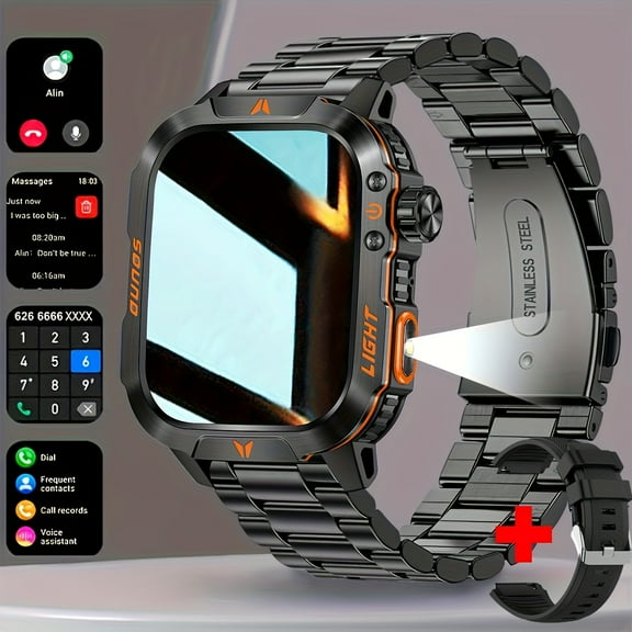 2.01 Inch Large Screen Men's Outdoor Sports Smartwatch- Flashlight, Waterproof, Fitness Tracking, Wireless Call, Compatible Android And iPhone, Voice Assistant, Notifications, And More