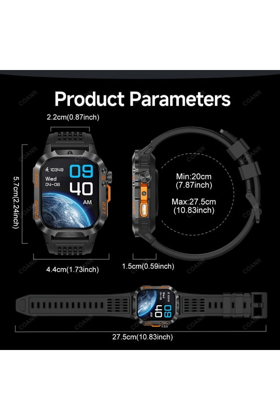 2.01-Inch Men's Smartwatch, 1200mAh, Wireless 5.0 Calling, Call Function, 100+ Sports Modes, Fitness Tracker, Flashlight, Compass, Black & Orange Design, iOS Compatible