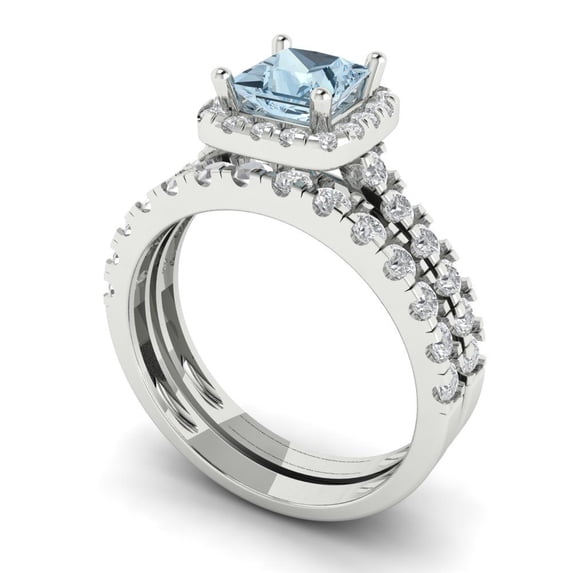 2.01 ct Brilliant Princess Cut Blue Zircon 18k White Gold Halo Solitaire with Accents Engagement Bridal Wedding Ring Band Set