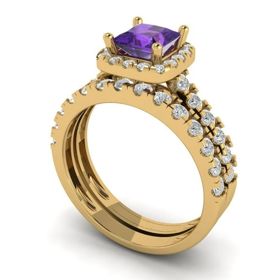 2.01 ct Brilliant Princess Cut Natural Amethyst 18K Yellow Gold Halo Solitaire with Accents Engagement Bridal Wedding Ring Band Set size 9.5