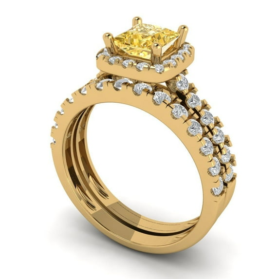 2.01 ct Brilliant Princess Cut Natural Citrine 14k Yellow Gold Halo Solitaire with Accents Engagement Bridal Wedding Ring Band Set size 10.5