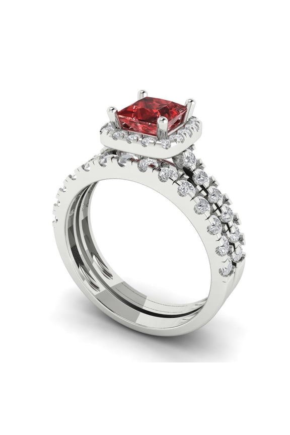 2.01 ct Brilliant Princess Cut Natural Garnet 14k White Gold Halo Solitaire with Accents Engagement Bridal Wedding Ring Band Set size 4