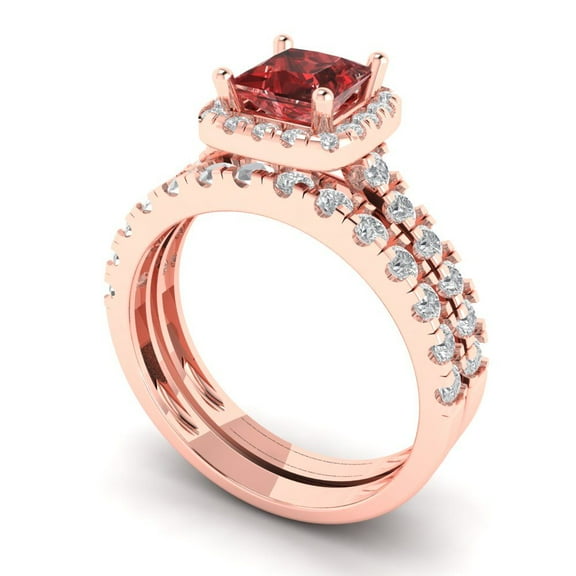 2.01 ct Brilliant Princess Cut Natural Garnet 18K Rose Gold Halo Solitaire with Accents Engagement Bridal Wedding Ring Band Set size 3.5
