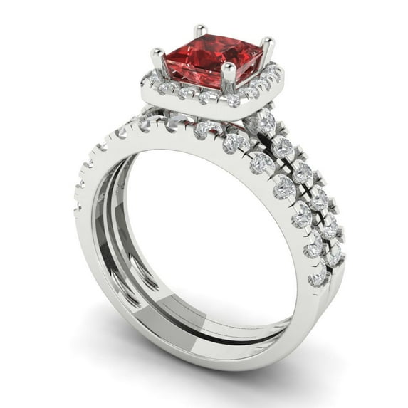 2.01 ct Brilliant Princess Cut Natural Garnet 18K White Gold Halo Solitaire with Accents Engagement Bridal Wedding Ring Band Set size 7.25