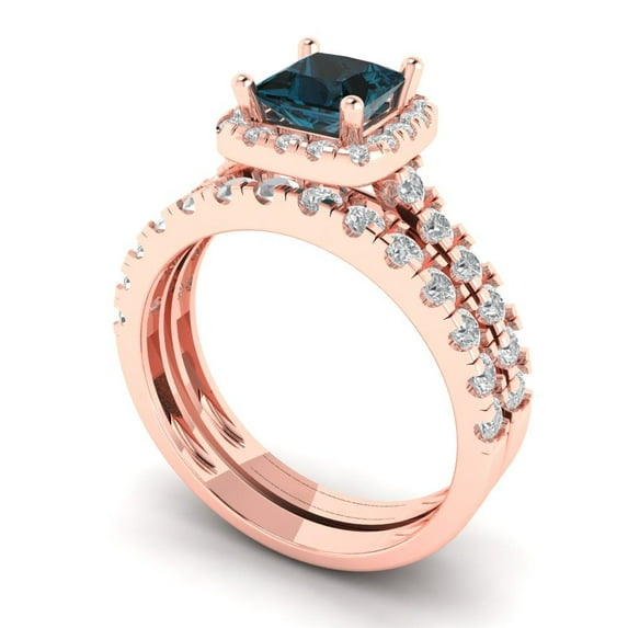 2.01 ct Brilliant Princess Cut Natural London Blue Topaz 14k Rose Gold Halo Solitaire with Accents Engagement Bridal Wedding Ring Band Set size 5.75