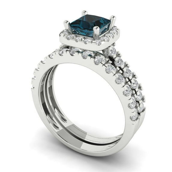 2.01 ct Brilliant Princess Cut Natural London Blue Topaz 18K White Gold Halo Solitaire with Accents Engagement Bridal Wedding Ring Band Set size 9.5
