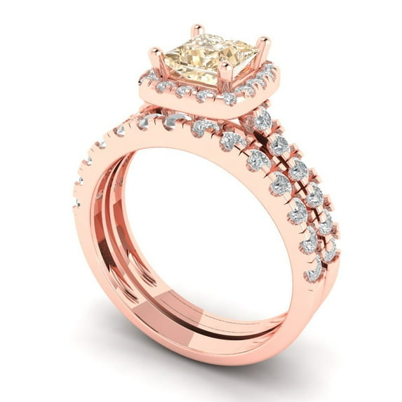 2.01 ct Brilliant Princess Cut Natural Morganite 18K Rose Gold Halo Solitaire with Accents Engagement Bridal Wedding Ring Band Set size 4.25