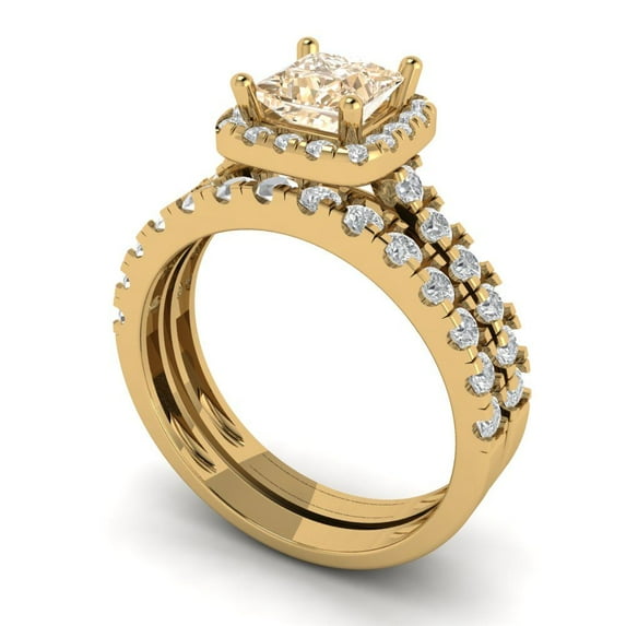 2.01 ct Brilliant Princess Cut Natural Morganite 18K Yellow Gold Halo Solitaire with Accents Engagement Bridal Wedding Ring Band Set size 8.75