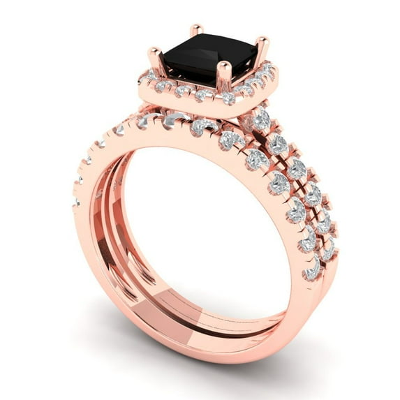 2.01 ct Brilliant Princess Cut Natural Onyx 18K Rose Gold Halo Solitaire with Accents Engagement Bridal Wedding Ring Band Set size 4