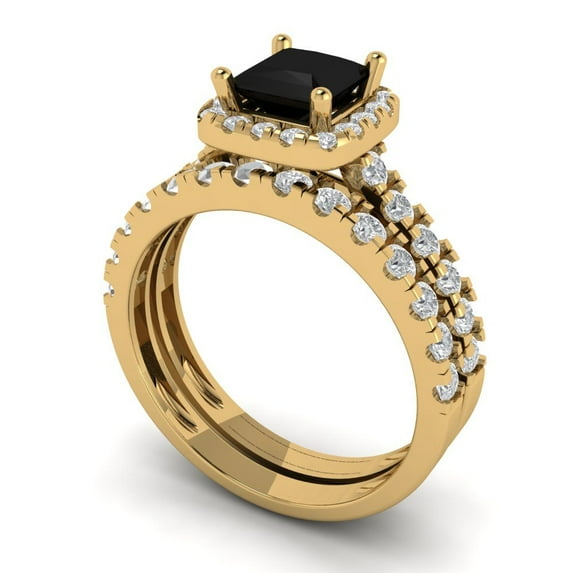 2.01 ct Brilliant Princess Cut Natural Onyx 18K Yellow Gold Halo Solitaire with Accents Engagement Bridal Wedding Ring Band Set size 11