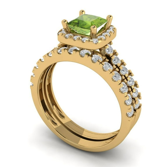 2.01 ct Brilliant Princess Cut Natural Peridot 14k Yellow Gold Halo Solitaire with Accents Engagement Bridal Wedding Ring Band Set size 4.75