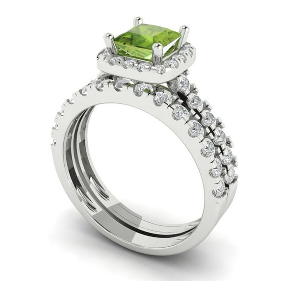 2.01 ct Brilliant Princess Cut Natural Peridot 18K White Gold Halo Solitaire with Accents Engagement Bridal Wedding Ring Band Set size 7.75