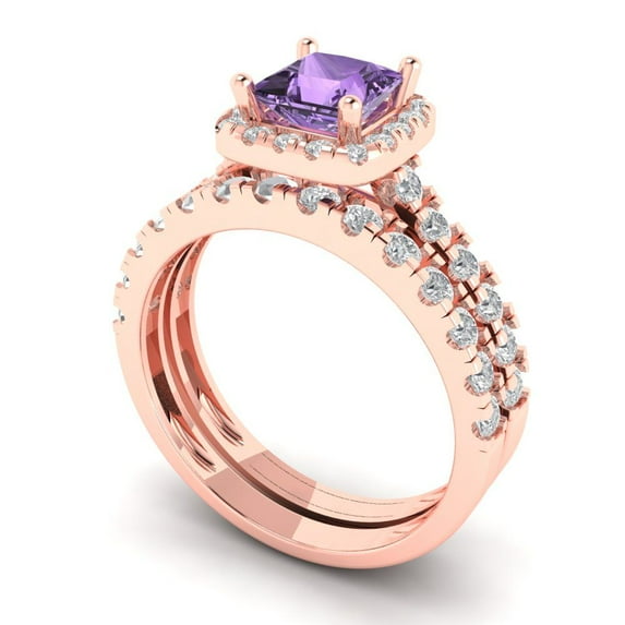 2.01 ct Brilliant Princess Cut Alexandrite 14k Rose Gold Halo Solitaire with Accents Engagement Bridal Wedding Ring Band Set size 10