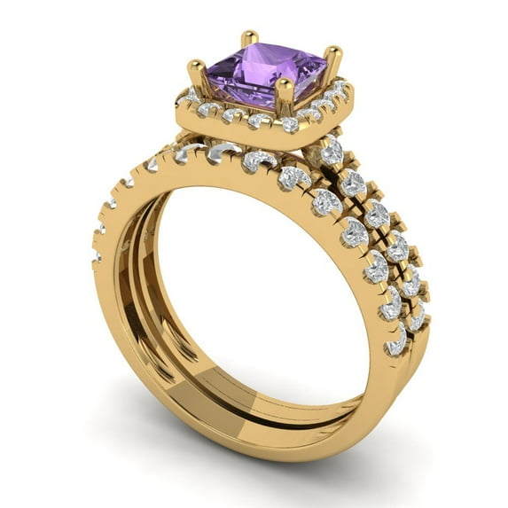 2.01 ct Brilliant Princess Cut Alexandrite 14k Yellow Gold Halo Solitaire with Accents Engagement Bridal Wedding Ring Band Set size 9.5