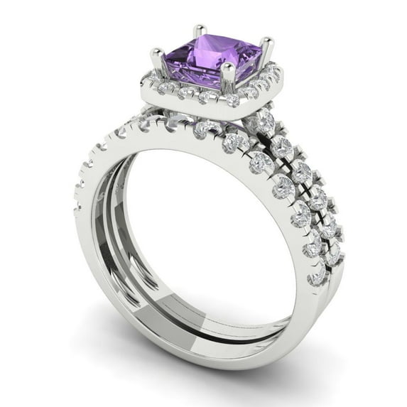2.01 ct Brilliant Princess Cut Alexandrite 18K White Gold Halo Solitaire with Accents Engagement Bridal Wedding Ring Band Set size 8.5