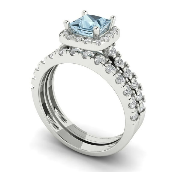 2.01 ct Brilliant Princess Cut Blue Zircon 14k White Gold Halo Solitaire with Accents Engagement Bridal Wedding Ring Band Set size 9