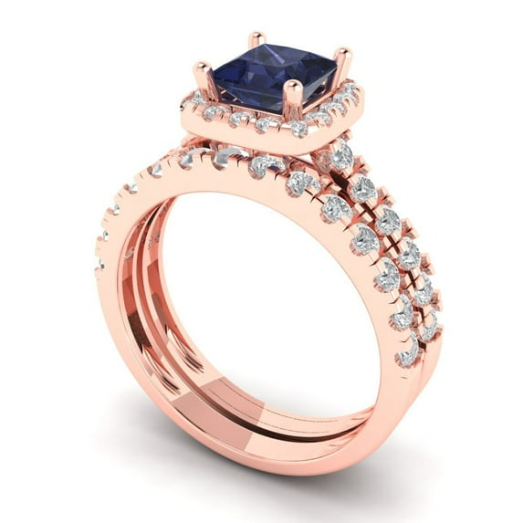 2.01 ct Brilliant Princess Cut Blue Sapphire 18K Rose Gold Halo Solitaire with Accents Engagement Bridal Wedding Ring Band Set size 5