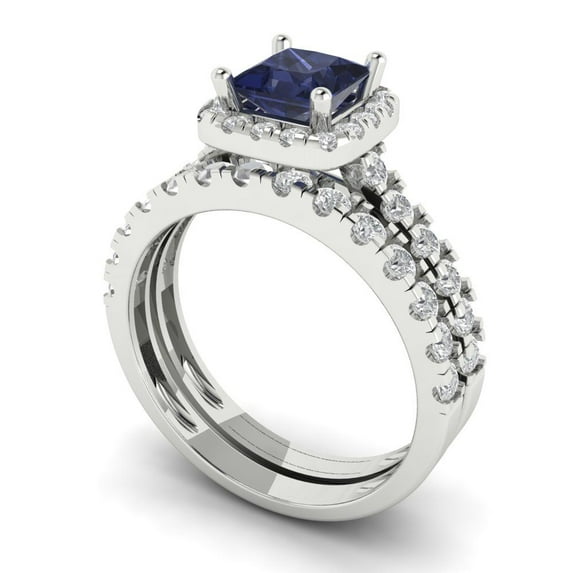 2.01 ct Brilliant Princess Cut Blue Sapphire 18K White Gold Halo Solitaire with Accents Engagement Bridal Wedding Ring Band Set size 4.75