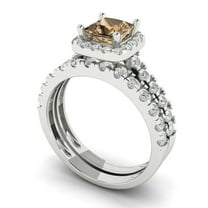 2.01 ct Brilliant Princess Cut Champagne 14k White Gold Halo Solitaire with Accents Engagement Bridal Wedding Ring Band Set size 6.25