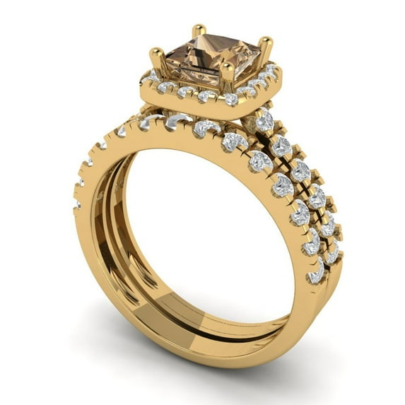 2.01 ct Brilliant Princess Cut Champagne 14k Yellow Gold Halo Solitaire with Accents Engagement Bridal Wedding Ring Band Set size 3.75