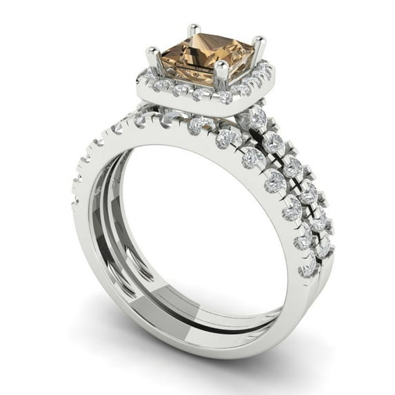 2.01 ct Brilliant Princess Cut Champagne 18K White Gold Halo Solitaire with Accents Engagement Bridal Wedding Ring Band Set size 10.25