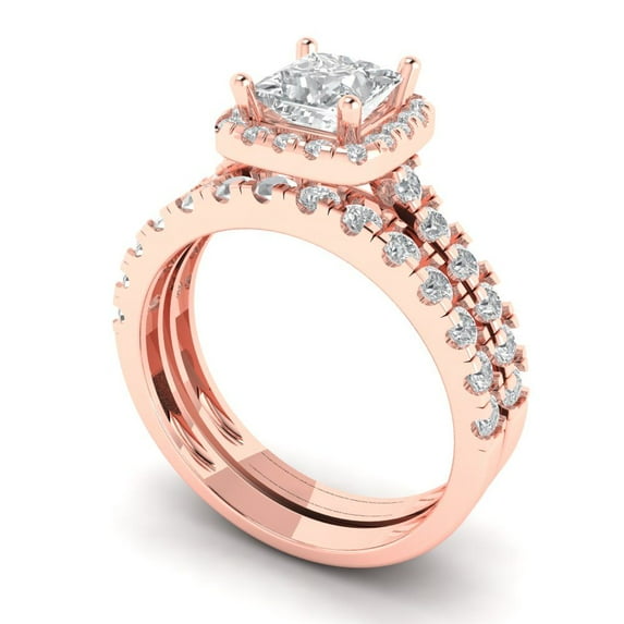 2.01 ct Brilliant Princess Cut Zircon 14k Rose Gold Halo Solitaire with Accents Engagement Bridal Wedding Ring Band Set size 8.25