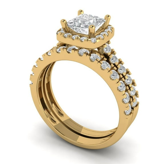 2.01 ct Brilliant Princess Cut Zircon 18K Yellow Gold Halo Solitaire with Accents Engagement Bridal Wedding Ring Band Set size 4.75