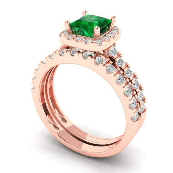 2.01 ct Brilliant Princess Cut Emerald 14k Rose Gold Halo Solitaire with Accents Engagement Bridal Wedding Ring Band Set size 3.75