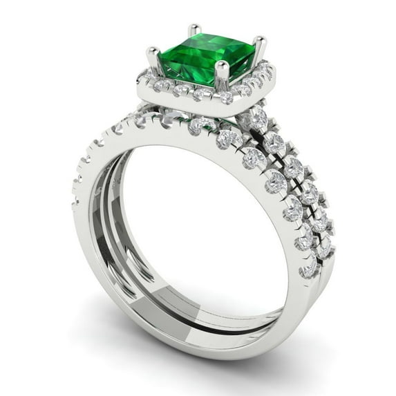 2.01 ct Brilliant Princess Cut Emerald 14k White Gold Halo Solitaire with Accents Engagement Bridal Wedding Ring Band Set size 7.25