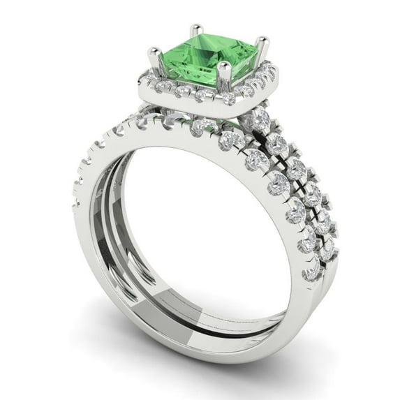2.01 ct Brilliant Princess Cut Green Zircon 14k White Gold Halo Solitaire with Accents Engagement Bridal Wedding Ring Band Set size 5.5