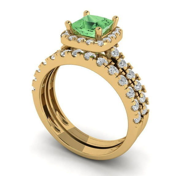 2.01 ct Brilliant Princess Cut Green Zircon 18K Yellow Gold Halo Solitaire with Accents Engagement Bridal Wedding Ring Band Set size 6