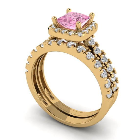 2.01 ct Brilliant Princess Cut Pink Zircon 14k Yellow Gold Halo Solitaire with Accents Engagement Bridal Wedding Ring Band Set size 9