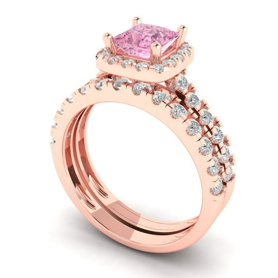 2.01 ct Brilliant Princess Cut Pink Zircon 18K Rose Gold Halo Solitaire with Accents Engagement Bridal Wedding Ring Band Set size 8.75