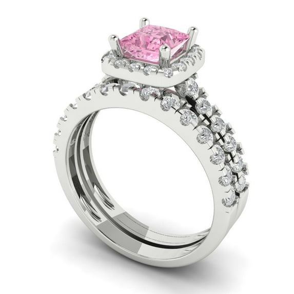 2.01 ct Brilliant Princess Cut Pink Zircon 18K White Gold Halo Solitaire with Accents Engagement Bridal Wedding Ring Band Set size 9