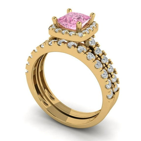 2.01 ct Brilliant Princess Cut Pink Zircon 18K Yellow Gold Halo Solitaire with Accents Engagement Bridal Wedding Ring Band Set size 4.5