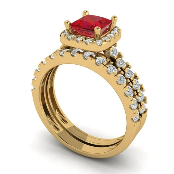 2.01 ct Brilliant Princess Cut Pink Tourmaline 14k Yellow Gold Halo Solitaire with Accents Engagement Bridal Wedding Ring Band Set size 8.5