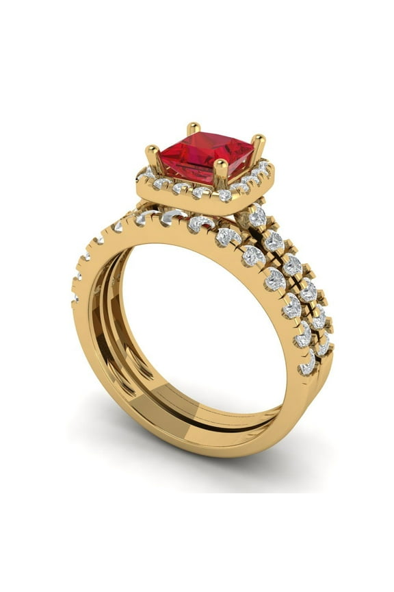 2.01 ct Brilliant Princess Cut Pink Tourmaline 14k Yellow Gold Halo Solitaire with Accents Engagement Bridal Wedding Ring Band Set size 9.5