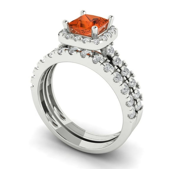 2.01 ct Brilliant Princess Cut Red Zircon 14k White Gold Halo Solitaire with Accents Engagement Bridal Wedding Ring Band Set size 6.75