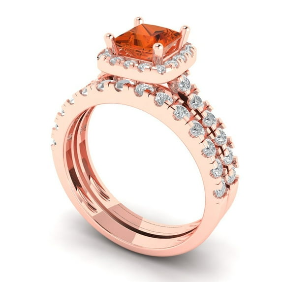 2.01 ct Brilliant Princess Cut Red Zircon 18K Rose Gold Halo Solitaire with Accents Engagement Bridal Wedding Ring Band Set size 5
