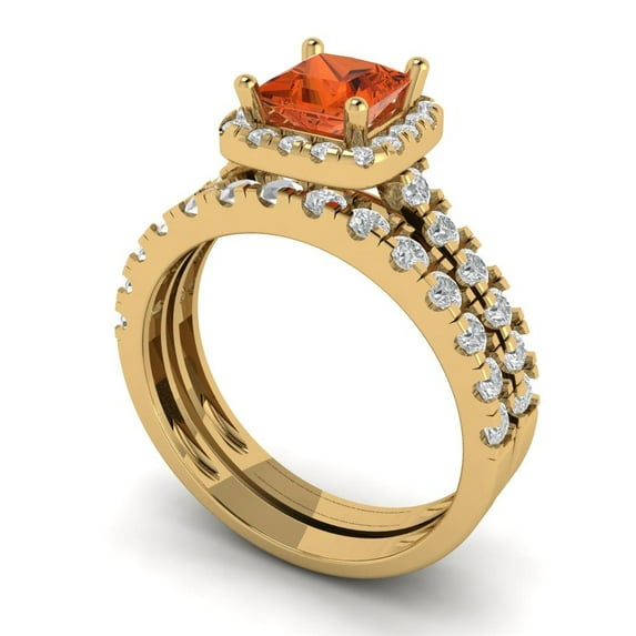 2.01 ct Brilliant Princess Cut Red Zircon 18K Yellow Gold Halo Solitaire with Accents Engagement Bridal Wedding Ring Band Set size 10.5