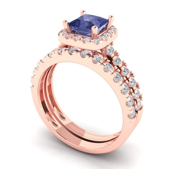 2.01 ct Brilliant Princess Cut Tanzanite 14k Rose Gold Halo Solitaire with Accents Engagement Bridal Wedding Ring Band Set size 9.5