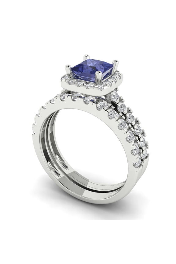 2.01 ct Brilliant Princess Cut Tanzanite 14k White Gold Halo Solitaire with Accents Engagement Bridal Wedding Ring Band Set size 5.5