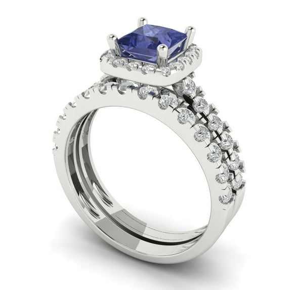2.01 ct Brilliant Princess Cut Tanzanite 14k White Gold Halo Solitaire with Accents Engagement Bridal Wedding Ring Band Set size 6.75
