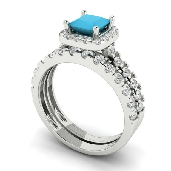 2.01 ct Brilliant Princess Cut Turquoise 18K White Gold Halo Solitaire with Accents Engagement Bridal Wedding Ring Band Set size 5