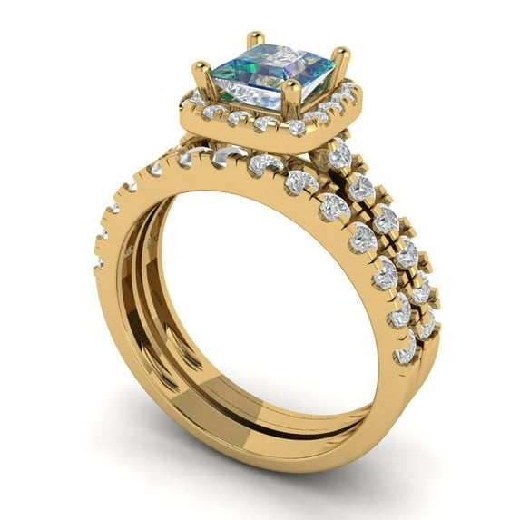 2.01 ct Brilliant Princess Cut Blue Moissanite 14k Yellow Gold Halo Solitaire with Accents Engagement Bridal Wedding Ring Band Set size 10