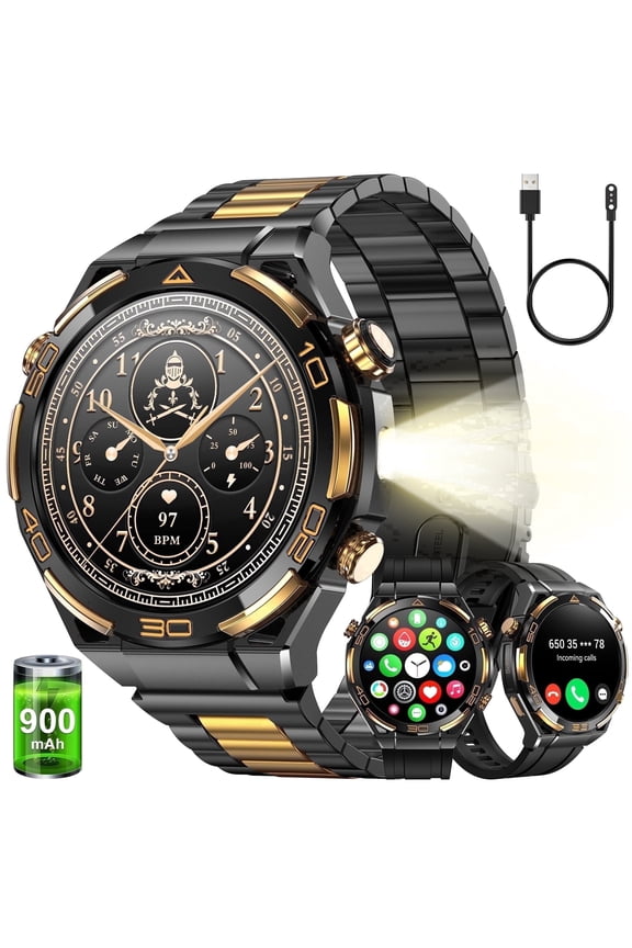 IOWODO Smart Watch for Men, 1.43" AMOLED Military Smartwatch with Bluetooth Call & Answer, Fitness Tracker, 100+ Sport Modes, Flashlight, 900mAh, 1ATM Waterproof Compatible with Android iOS (Black)