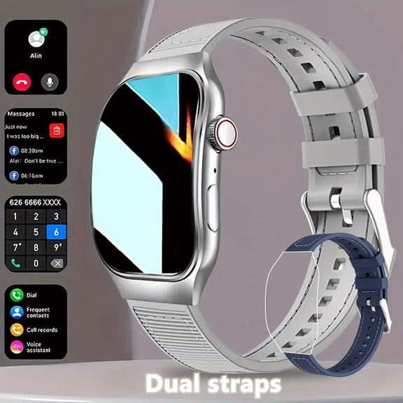2.01-inch Smartwatch with Full Touch Curved Screen, Wireless Calls, Message Notifications, Health Tracking, Step Counter, Remote Camera Control, Includes Two Bands