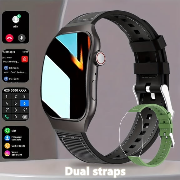 2.01-inch Smartwatch with Full Touch Curved Screen, Wireless Calls, Message Notifications, Health Tracking, Step Counter, Remote Camera Control, Includes Two Bands