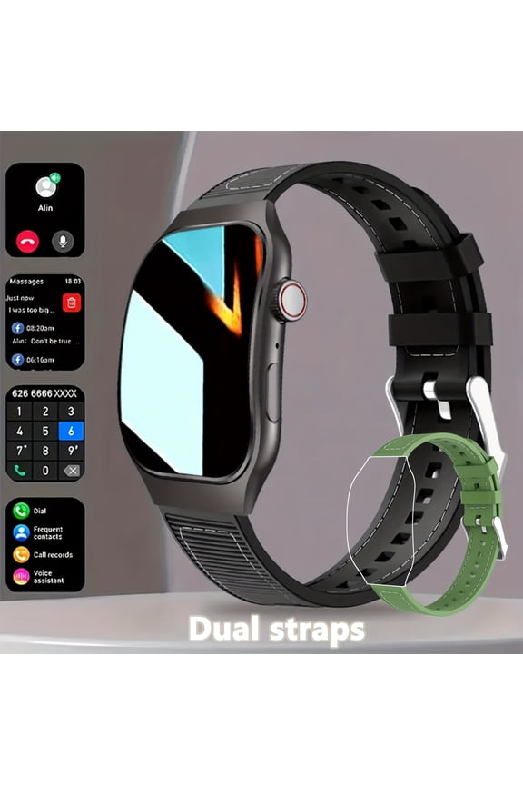 2.01-inch Smartwatch with Full Touch Curved Screen, Wireless Calls, Message Notifications, Health Tracking, Step Counter, Remote Camera Control, Includes Two Bands